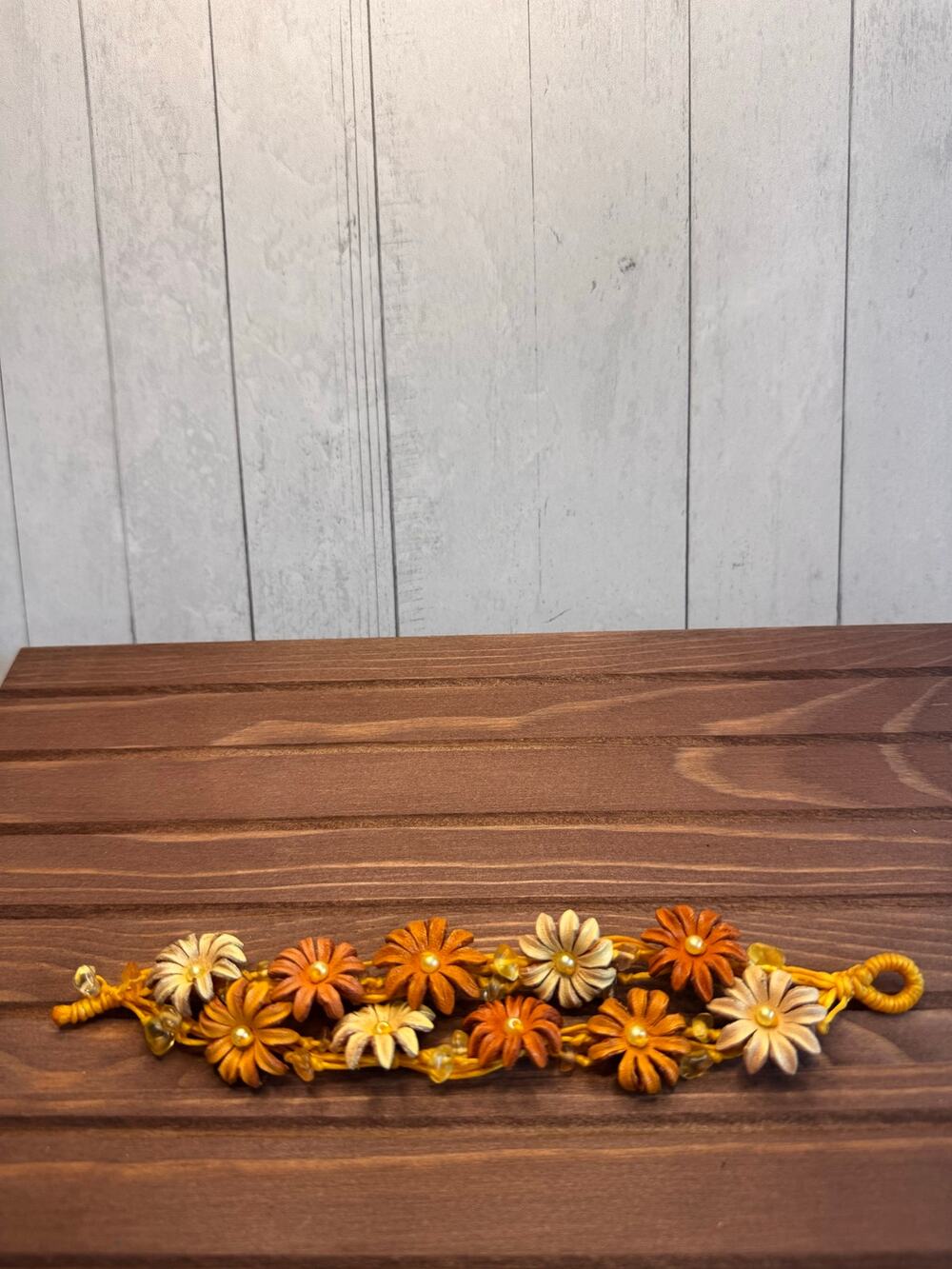 Handmade Genuine Leather Yellow Flower Bracelet w Stones Yellow Bracelet NEW